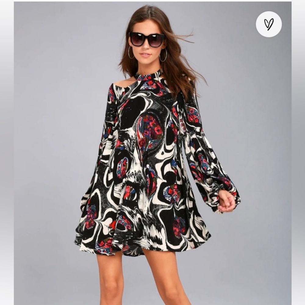 Free People Drift Away Tunic Dress in Black Floral Abstract Size Large